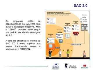 SAC 2.0



As      empresas     estão    se
especializando no SAC 2.0 para
evitar a exposição negativa. Mas
o “0800” também deve seguir
um padrão de atendimento igual
ao 2.0

A taxa de eficiência e retorno do
SAC 2.0 é muito superior aos
meios tradicionais como o
telefone ou o PROCON.
 