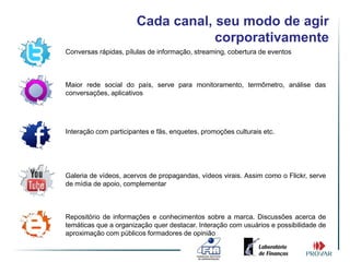 Cada canal, seu modo de agir
                                   corporativamente
Conversas rápidas, pílulas de informação, streaming, cobertura de eventos



Maior rede social do país, serve para monitoramento, termômetro, análise das
conversações, aplicativos




Interação com participantes e fãs, enquetes, promoções culturais etc.




Galeria de vídeos, acervos de propagandas, vídeos virais. Assim como o Flickr, serve
de mídia de apoio, complementar



Repositório de informações e conhecimentos sobre a marca. Discussões acerca de
temáticas que a organização quer destacar. Interação com usuários e possibilidade de
aproximação com públicos formadores de opinião
 