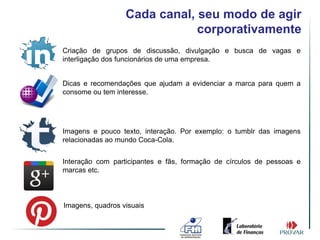 Cada canal, seu modo de agir
                              corporativamente
Criação de grupos de discussão, divulgação e busca de vagas e
interligação dos funcionários de uma empresa.


Dicas e recomendações que ajudam a evidenciar a marca para quem a
consome ou tem interesse.




Imagens e pouco texto, interação. Por exemplo: o tumblr das imagens
relacionadas ao mundo Coca-Cola.


Interação com participantes e fãs, formação de círculos de pessoas e
marcas etc.



Imagens, quadros visuais
 