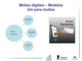 Mídias digitais – Modelos
               Um para muitos

              Usuário
                1




Fonte            Usuário
emissora           2




              Usuário
                3
 