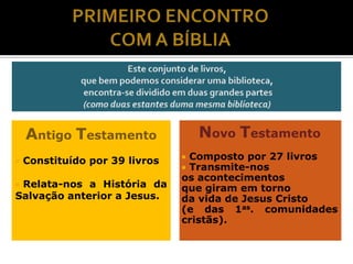 Novo Testamento

Antigo Testamento


Constituído por 39 livros

Relata-nos a História da
Salvação anterior a Jesus.


Composto por 27 livros
Transmite-nos
os acontecimentos
que giram em torno
da vida de Jesus Cristo
(e das 1as. comunidades
cristãs).



 