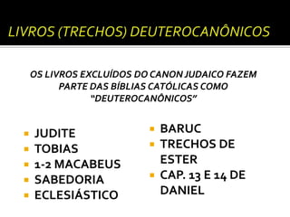 OS LIVROS EXCLUÍDOS DO CANON JUDAICO FAZEM
PARTE DAS BÍBLIAS CATÓLICAS COMO
“DEUTEROCANÔNICOS”









JUDITE
TOBIAS
1-2 MACABEUS
SABEDORIA
ECLESIÁSTICO





BARUC
TRECHOS DE
ESTER
CAP. 13 E 14 DE
DANIEL

 