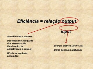 Eficiência = relação output

                                input
Atendimento a normas
Desempenho adequado
dos sistemas (de
iluminação, de           Energia elétrica (artificiais)
climatização e outros)   Meios passivos (naturais)
Níveis de conforto
almejados
 