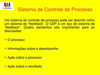 Sistema de Controle de Processo
Um sistema de controle de processo pode ser descrito como
um sistema de “feedback”. O CEP é um tipo de sistema de
“feedback”. Quatro elementos são importantes para as
discussões:
• O processo
• Informações sobre o desempenho
• Ação sobre o processo
• Ação sobre o resultado
 