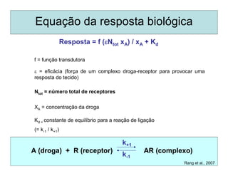 Equação da resposta biológica
Resposta = f (Ntot xA) / xA + Kd
f = função transdutora
 = eficácia (força de um complexo droga-receptor para provocar uma
resposta do tecido)
XA = concentração da droga
Ntot = número total de receptores
Kd = constante de equilíbrio para a reação de ligação
(= k-1 / k+1)
AR (complexo)
k+1
A (droga) + R (receptor)
k-1
Rang et al., 2007
 