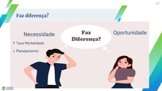 27
Faz diferença?
Necessidade Oportunidade
↑ Taxa Mortalidade
↓ Planejamento
 