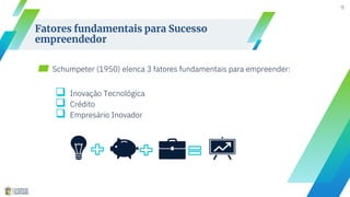 ▰ Schumpeter (1950) elenca 3 fatores fundamentais para empreender:
 Inovação Tecnológica
 Crédito
 Empresário Inovador
9
Fatores fundamentais para Sucesso
empreendedor
 