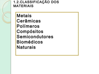 1.2.CLASSIFICAÇÃO DOS
MATERIAIS
Metais
Cerâmicas
Polímeros
Compósitos
Semicondutores
Biomédicos
Naturais
 