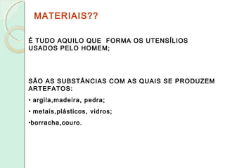 MATERIAIS??
É TUDO AQUILO QUE FORMA OS UTENSÍLIOS
USADOS PELO HOMEM;
SÃO AS SUBSTÂNCIAS COM AS QUAIS SE PRODUZEM
ARTEFATOS:
• argila,madeira, pedra;
• metais,plásticos, vidros;
•borracha,couro.
 