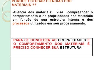 PORQUÊ ESTUDAR CIÊNCIAS DOS
MATERIAIS ??
-Ciência dos materiais: visa compreender o
comportamento e as propriedades dos materiais
em função de sua estrutura interna e dos
processos utilizados em seu processamento.
PARA SE CONHECER AS PROPRIEDADES E
O COMPORTAMENTO DOS MATERIAIS É
PRECISO CONHECER SUA ESTRUTURA
 