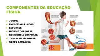 COMPONENTES DA EDUCAÇÃO
FÍSICA.
 JOGOS;
 EXERCÍCIOS FÍSICOS;
 ESPORTES;
 HIGIENE CORPORAL;
 CONCIÊNCIA CORPORAL;
 TRABALHO EM EQUIPE;
 CORPO SAUDAVEL;
 