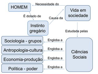 HOMEM

Necessidade do

É dotado de

Causa da

Instinto
gregário

Vida em
sociedade

Estudada pelas

Sociologia - grupos

Engloba a

Antropologia-cultura

Engloba a

Economia-produção

Engloba a

Política - poder

Engloba a

Ciências
Sociais

 