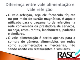  O vale-refeição, seja ele fornecido tíquete
ou por meio de cartão magnético, é aquele
utilizado para o pagamento de refeições na
rede conveniada da prestadora de serviços,
ou seja, restaurantes, lanchonetes, padarias
e similares.
 O vale-alimentação é aceito apenas para a
compra de gêneros alimentícios em redes
como supermercados e mercearias, não
sendo aceito em restaurantes e similares.
 
