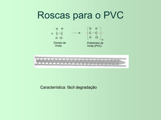 Roscas para o PVC
n
C
C
H
Cl
H
H
n
Cloreto de
Vinila
Policloreto de
Vinila (PVC)
C C
H
H
H
Cl
Característica: fácil degradação
 