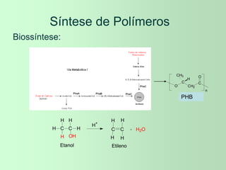 Síntese de Polímeros
Biossíntese:
O
C
CH3
H
CH2
C
O
n
3HB
PHB
H C C
OH
H
H H
H
H+
C
C
H
H
H
H
H2O
Etanol Etileno
 