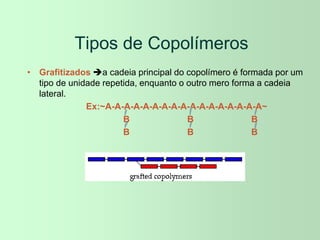 Tipos de Copolímeros
• Grafitizados a cadeia principal do copolímero é formada por um
tipo de unidade repetida, enquanto o outro mero forma a cadeia
lateral.
Ex:~A-A-A-A-A-A-A-A-A-A-A-A-A-A-A-A-A~
B B B
B B B
 