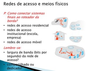 Redes de acesso e meios físicos
P: Como conectar sistemas
finais ao roteador da
borda?
• redes de acesso residencial
• redes de acesso
institucional (escola,
empresa)
• redes de acesso móvel
Lembre-se:
• largura de banda (bits por
segundo) da rede de
acesso?
• compartilhado ou
dedicado?
 