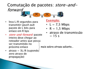 Comutação de pacotes: store-and-
forward
• leva L/R segundos para
transmitir (push out)
pacote de L bits para
enlace em R bps
• store-and-forward: pacote
inteiro deve chegar ao
roteador antes que possa
ser transmitido no
próximo enlace
• atraso = 3L/R (supondo
zero atraso de
propagação)
Exemplo:
• L = 7,5 Mbps
• R = 1,5 Mbps
• atraso de transmissão
= 15 s
R R R
L
mais sobre atraso adiante…
 