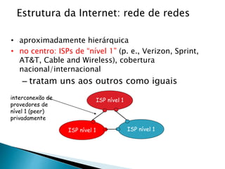 Estrutura da Internet: rede de redes
• aproximadamente hierárquica
• no centro: ISPs de “nível 1” (p. e., Verizon, Sprint,
AT&T, Cable and Wireless), cobertura
nacional/internacional
– tratam uns aos outros como iguais
ISP nível 1
ISP nível 1
ISP nível 1
interconexão de
provedores de
nível 1 (peer)
privadamente
 