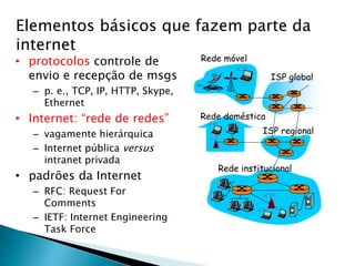 Elementos básicos que fazem parte da
internet
• protocolos controle de
envio e recepção de msgs
– p. e., TCP, IP, HTTP, Skype,
Ethernet
• Internet: “rede de redes”
– vagamente hierárquica
– Internet pública versus
intranet privada
• padrões da Internet
– RFC: Request For
Comments
– IETF: Internet Engineering
Task Force
Rede doméstica
Rede institucional
Rede móvel
ISP global
ISP regional
 