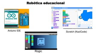 Robótica educacional
Arduino IDE
Rogic
Scratch (KaziCode)
 