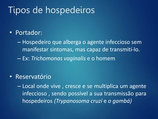 Tipos de hospedeiros
• Portador:
– Hospedeiro que alberga o agente infeccioso sem
manifestar sintomas, mas capaz de transmití-lo.
– Ex: Trichomonas vaginalis e o homem
• Reservatório
– Local onde vive , cresce e se multiplica um agente
infeccioso , sendo possível a sua transmissão para
hospedeiros (Trypanosoma cruzi e o gambá)
 