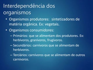 Interdependência dos
organismos
• Organismos produtores: sintetizadores de
matéria orgânica. Ex: vegetais.
• Organismos consumidores:
– Primários: que se alimentam dos produtores. Ex:
herbívoros, granívoros, frugívoros.
– Secundários: carnívoros que se alimentam de
herbívoros.
– Terciários: carnívoros que se alimentam de outros
carnívoros.
 