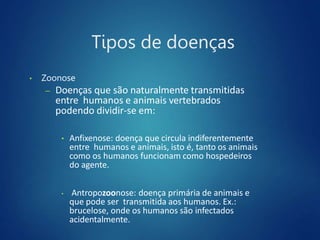 Tipos de doenças
• Zoonose
– Doenças que são naturalmente transmitidas
entre humanos e animais vertebrados
podendo dividir-se em:
• Anfixenose: doença que circula indiferentemente
entre humanos e animais, isto é, tanto os animais
como os humanos funcionam como hospedeiros
do agente.
• Antropozoonose: doença primária de animais e
que pode ser transmitida aos humanos. Ex.:
brucelose, onde os humanos são infectados
acidentalmente.
 