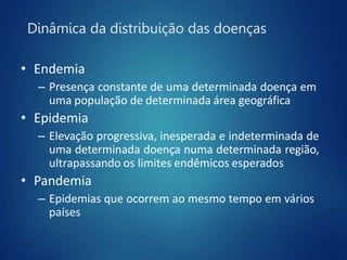 Dinâmica da distribuição das doenças
• Endemia
– Presença constante de uma determinada doença em
uma população de determinada área geográfica
• Epidemia
– Elevação progressiva, inesperada e indeterminada de
uma determinada doença numa determinada região,
ultrapassando os limites endêmicos esperados
• Pandemia
– Epidemias que ocorrem ao mesmo tempo em vários
países
 