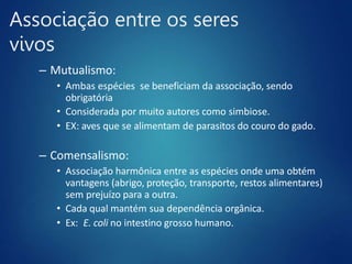 Associação entre os seres
vivos
– Mutualismo:
• Ambas espécies se beneficiam da associação, sendo
obrigatória
• Considerada por muito autores como simbiose.
• EX: aves que se alimentam de parasitos do couro do gado.
– Comensalismo:
• Associação harmônica entre as espécies onde uma obtém
vantagens (abrigo, proteção, transporte, restos alimentares)
sem prejuízo para a outra.
• Cada qual mantém sua dependência orgânica.
• Ex: E. coli no intestino grosso humano.
 