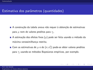 Contextualiza¸c˜ao
Estimativa dos parˆametros (quantidades)
A constru¸c˜ao da tabela anova n˜ao requer `a obten¸c˜ao de estimativas
para µ nem de valores preditos para τj .
A estima¸c˜ao dos efeitos ﬁxos (µ) pode ser feita usando o m´etodo da
m´axima verossimilhan¸ca restrita.
Com as estimativas de µ e de (σ, σ2
τ ) pode-se obter valores preditos
para τj usando-se m´etodos Bayesianos emp´ıricos, por exemplo.
Prof. Caio Azevedo
Exeprimentos com fatores (efeitos) aleat´orios
 