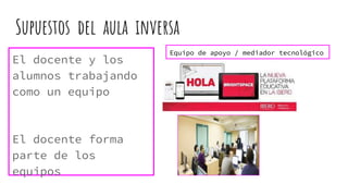 Supuestos del aula inversa
El docente y los
alumnos trabajando
como un equipo
El docente forma
parte de los
equipos
Equipo de apoyo / mediador tecnológico
 