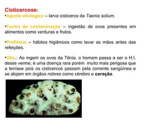 Cisticercose:
•Agente etiológico – larva cisticerco da Taenia solium.
•Forma de contaminação – ingestão de ovos presentes em
alimentos como verduras e frutos.
•Profilaxia – hábitos higiênicos como lavar as mãos antes das
refeições.
•Obs.: Ao ingerir os ovos da Tênia, o homem passa a ser o H.I.
desse verme; é uma doença rara porém muito mais perigosa que
a teníase pois os cisticercos passam pela corrente sangüínea e
se alojam em órgãos nobres como cérebro e coração.
 