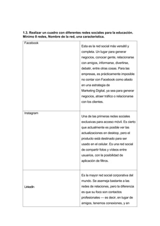 1.3. Realizar un cuadro con diferentes redes sociales para la educación.
Mínimo 8 redes, Nombre de la red, una característica.
Facebook
Esta es la red social más versátil y
completa. Un lugar para generar
negocios, conocer gente, relacionarse
con amigos, informarse, divertirse,
debatir, entre otras cosas. Para las
empresas, es prácticamente imposible
no contar con Facebook como aliado
en una estrategia de
Marketing Digital, ya sea para generar
negocios, atraer tráfico o relacionarse
con los clientes.
Instagram
Una de las primeras redes sociales
exclusivas para acceso móvil. Es cierto
que actualmente es posible ver las
actualizaciones en desktop, pero el
producto está destinado para ser
usado en el celular. Es una red social
de compartir fotos y vídeos entre
usuarios, con la posibilidad de
aplicación de filtros.
LinkedIn
Es la mayor red social corporativa del
mundo. Se asemeja bastante a las
redes de relaciones, pero la diferencia
es que su foco son contactos
profesionales — es decir, en lugar de
amigos, tenemos conexiones, y en
 