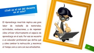 10
El Aprendizaje invertido implica una gran
labor de rediseño de materiales,
actividades, evaluaciones, y de repensar
cómo utilizar efectivamente el espacio de
aprendizaje en el aula. Por eso se necesita
a un educador profesional que defina qué
y cómo cambiar la instrucción, y maximice
el tiempo cara a cara con sus estudiantes.
 