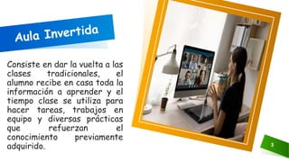 Consiste en dar la vuelta a las
clases tradicionales, el
alumno recibe en casa toda la
información a aprender y el
tiempo clase se utiliza para
hacer tareas, trabajos en
equipo y diversas prácticas
que refuerzan el
conocimiento previamente
adquirido. 3
 