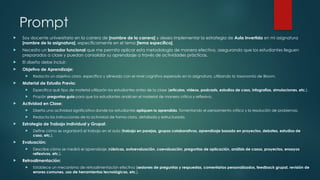 Prompt
 Soy docente universitario en la carrera de [nombre de la carrera] y deseo implementar la estrategia de Aula Invertida en mi asignatura
[nombre de la asignatura], específicamente en el tema [tema específico].
 Necesito un borrador funcional que me permita aplicar esta metodología de manera efectiva, asegurando que los estudiantes lleguen
preparados a clase y puedan consolidar su aprendizaje a través de actividades prácticas.
 El diseño debe incluir:
 Objetivo de Aprendizaje:
 Redacta un objetivo claro, específico y alineado con el nivel cognitivo esperado en la asignatura, utilizando la taxonomía de Bloom.
 Material de Estudio Previo:
 Especifica qué tipo de material utilizarán los estudiantes antes de la clase (artículos, videos, podcasts, estudios de caso, infografías, simulaciones, etc.).
 Propón preguntas guía para que los estudiantes analicen el material de manera crítica y reflexiva.
 Actividad en Clase:
 Diseña una actividad significativa donde los estudiantes apliquen lo aprendido, fomentando el pensamiento crítico y la resolución de problemas.
 Redacta las instrucciones de la actividad de forma clara, detallada y estructurada.
 Estrategia de Trabajo Individual y Grupal:
 Define cómo se organizará el trabajo en el aula (trabajo en parejas, grupos colaborativos, aprendizaje basado en proyectos, debates, estudios de
caso, etc.).
 Evaluación:
 Describe cómo se medirá el aprendizaje (rúbricas, autoevaluación, coevaluación, preguntas de aplicación, análisis de casos, proyectos, ensayos
reflexivos, etc.).
 Retroalimentación:
 Establece un mecanismo de retroalimentación efectiva (sesiones de preguntas y respuestas, comentarios personalizados, feedback grupal, revisión de
errores comunes, uso de herramientas tecnológicas, etc.).
 