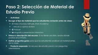 Paso 2: Selección de Material de
Estudio Previo
 📌 Actividad:
 Escoge el tipo de material que los estudiantes revisarán antes de clase:
 📺 Video (YouTube, EdPuzzle, Khan Academy)
 📄 Artículo o capítulo de libro
 🎧 Podcast
 🖼 Infografía o presentación interactiva
 Enlace o descripción del recurso: Si no tienes uno listo, anota dónde
podrías encontrarlo.
 Define preguntas guías para que los estudiantes analicen el material antes
de la clase.
 ✅ Producto esperado: Un recurso de estudio previo con preguntas
orientadoras.
 