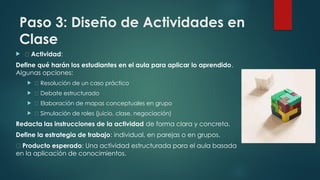 Paso 3: Diseño de Actividades en
Clase
 📌 Actividad:
Define qué harán los estudiantes en el aula para aplicar lo aprendido.
Algunas opciones:
 🔹 Resolución de un caso práctico
 🔹 Debate estructurado
 🔹 Elaboración de mapas conceptuales en grupo
 🔹 Simulación de roles (juicio, clase, negociación)
Redacta las instrucciones de la actividad de forma clara y concreta.
Define la estrategia de trabajo: individual, en parejas o en grupos.
✅ Producto esperado: Una actividad estructurada para el aula basada
en la aplicación de conocimientos.
 