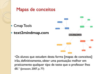 Mapas de conceitos
 Cmap Tools
 text2mindmap.com
“Os alunos que estudam desta forma [mapas de conceitos]
irão, definitivamente, obter uma pontuação melhor em
praticamente qualquer tipo de teste que o professor lhes
dê.” (Jonassen, 2007, p. 77)
 