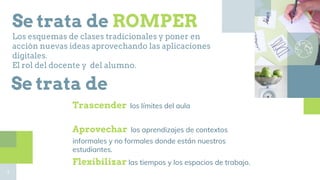 Se trata de ROMPER
Los esquemas de clases tradicionales y poner en
acción nuevas ideas aprovechando las aplicaciones
digitales.
El rol del docente y del alumno.
Trascender los límites del aula
Aprovechar los aprendizajes de contextos
informales y no formales donde están nuestros
estudiantes.
Flexibilizar las tiempos y los espacios de trabajo.
3
Se trata de
 