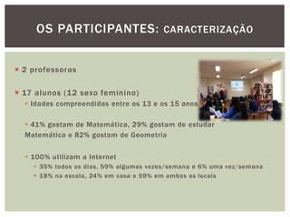 2 professoras 
17 alunos (12 sexo feminino) 
Idades compreendidas entre os 13 e os 15 anos 
41% gostam de Matemática, 29% gostam de estudar 
Matemática e 82% gostam de Geometria 
100% utilizam a Internet 
35% todos os dias, 59% algumas vezes/semana e 6% uma vez/semana 
18% na escola, 24% em casa e 59% em ambos os locais 
OS PARTICIPANTES: CARACTERIZAÇÃO  