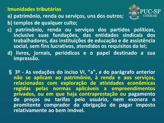 Imunidades tributárias 
a)patrimônio, renda ou serviços, uns dos outros; 
b)templos de qualquer culto; 
c) patrimônio, renda ou serviços dos partidos políticos, inclusive suas fundações, das entidades sindicais dos trabalhadores, das instituições de educação e de assistência social, sem fins lucrativos, atendidos os requisitos da lei; 
d) livros, jornais, periódicos e o papel destinado a sua impressão. 
§ 3º - As vedações do inciso VI, "a", e do parágrafo anterior não se aplicam ao patrimônio, à renda e aos serviços, relacionados com exploração de atividades econômicas regidas pelas normas aplicáveis a empreendimentos privados, ou em que haja contraprestação ou pagamento de preços ou tarifas pelo usuário, nem exonera o promitente comprador da obrigação de pagar imposto relativamente ao bem imóvel. 
 
