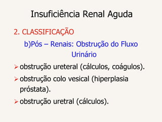 Insuficiência Renal Aguda
2. CLASSIFICAÇÃO
   b)Pós – Renais: Obstrução do Fluxo
                 Urinário
 obstrução ureteral (cálculos, coágulos).
 obstrução colo vesical (hiperplasia
 próstata).
 obstrução uretral (cálculos).
 