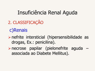 Insuficiência Renal Aguda
2. CLASSIFICAÇÃO
c)Renais
 nefrite intersticial (hipersensibilidade as
  drogas, Ex.: penicilina).
 necrose papilar (pielonefrite aguda –
  associada ao Diabete Mellitus).
 