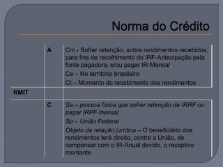 A   Cm - Sofrer retenção, sobre rendimentos recebidos,
           para fins de recolhimento do IRF-Antecipação pela
           fonte pagadora, e/ou pagar IR-Mensal.
           Ce – No território brasileiro
           Ct – Momento do recebimento dos rendimentos
RMIT

       C   Sa – pessoa física que sofrer retenção de IRRF ou
           pagar IRPF mensal
           Sp – União Federal
           Objeto da relação jurídica – O beneficiário dos
           rendimentos terá direito, contra a União, de
           compensar com o IR-Anual devido, o receptivo
           montante
 