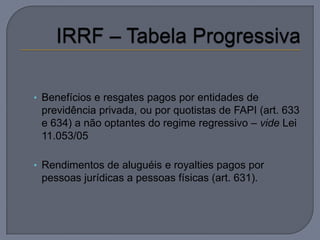 • Benefícios e resgates pagos por entidades de
 previdência privada, ou por quotistas de FAPI (art. 633
 e 634) a não optantes do regime regressivo – vide Lei
 11.053/05

• Rendimentos de aluguéis e royalties pagos por
 pessoas jurídicas a pessoas físicas (art. 631).
 
