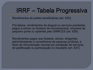 • Rendimentos de partes beneficiárias (art. 635);

• Pró-labore, rendimentos de aluguel ou serviços prestados,
 pagos a sócios ou titulares de microempresa, empresa de
 pequeno porte ou optantes pelo SIMPLES (art. 636);

• Rendimentos pagos aos titulares, sócios, dirigentes,
 administradores e conselheiros de pessoas jurídicas, a
 título de remuneração mensal por prestação de serviços,
 de gratificação ou participação no resultado (art. 637).
 