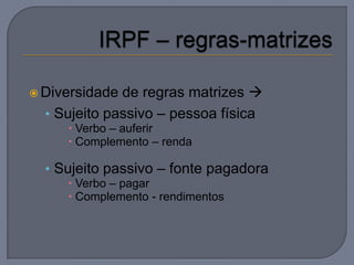  Diversidade de regras matrizes 
  • Sujeito passivo – pessoa física
      Verbo – auferir
      Complemento – renda

  • Sujeito passivo – fonte pagadora
      Verbo – pagar
      Complemento - rendimentos
 