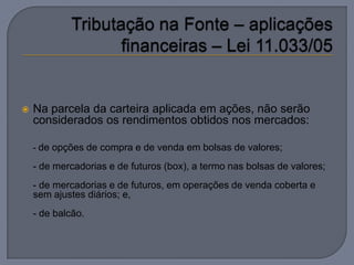   Na parcela da carteira aplicada em ações, não serão
    considerados os rendimentos obtidos nos mercados:

    - de opções de compra e de venda em bolsas de valores;

    - de mercadorias e de futuros (box), a termo nas bolsas de valores;
    - de mercadorias e de futuros, em operações de venda coberta e
    sem ajustes diários; e,
    - de balcão.
 